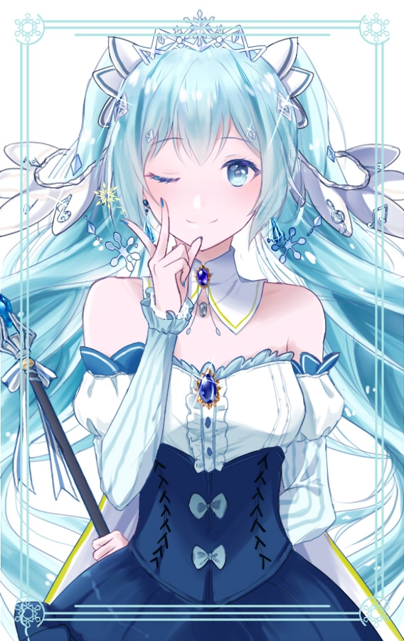 ;) arm_behind_back blue_eyes blue_hair blue_nails choker detached_sleeves diadem floating_hair hatsune_miku holding holding_staff long_hair nail_polish one_eye_closed osagelts1213 shiny shiny_hair smile staff strapless twintails very_long_hair vocaloid