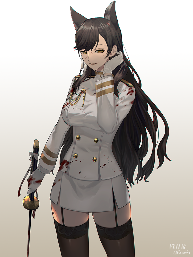 1girl adjusting_hair animal_ears atago_(azur_lane) azur_lane black_hair blood bloody_clothes commentary_request extra_ears fucodoku gloves long_hair military military_uniform skirt smile sword thigh-highs uniform weapon zettai_ryouiki