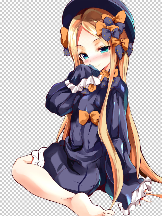 1girl abigail_williams_(fate/grand_order) bangs barefoot black_bow black_dress black_hat blonde_hair bloomers blue_eyes blush bow checkered checkered_background closed_mouth commentary_request dress eyebrows_visible_through_hair fate/grand_order fate_(series) forehead hair_bow hand_up hat head_tilt l-trap long_hair long_sleeves looking_at_viewer looking_to_the_side nose_blush orange_bow parted_bangs polka_dot polka_dot_bow sleeves_past_fingers sleeves_past_wrists smile soles solo underwear very_long_hair white_bloomers