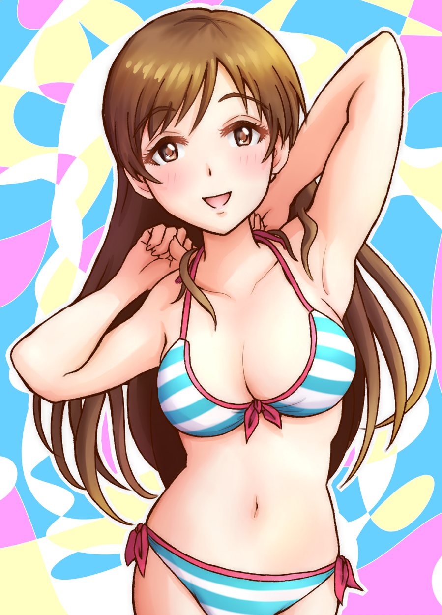 1girl arms_behind_head bikini blue_bikini breasts brown_eyes brown_hair cleavage front-tie_top highres idolmaster idolmaster_cinderella_girls large_breasts long_hair looking_at_viewer multicolored multicolored_background navel nikukyuu_(vento-aureo-giogio) nitta_minami open_mouth sexy side-tie_bikini smile solo striped striped_bikini swimsuit