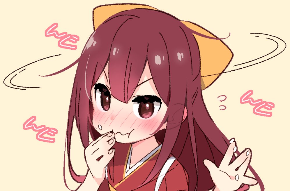 1girl blush bow commentary_request ears_visible_through_hair eating eyebrows_visible_through_hair fingers_to_mouth food food_on_face food_on_finger hair_bow kamikaze_(kantai_collection) kantai_collection long_hair looking_at_viewer nose_blush red_eyes redhead rice rice_on_face simple_background solo upper_body yoru_nai