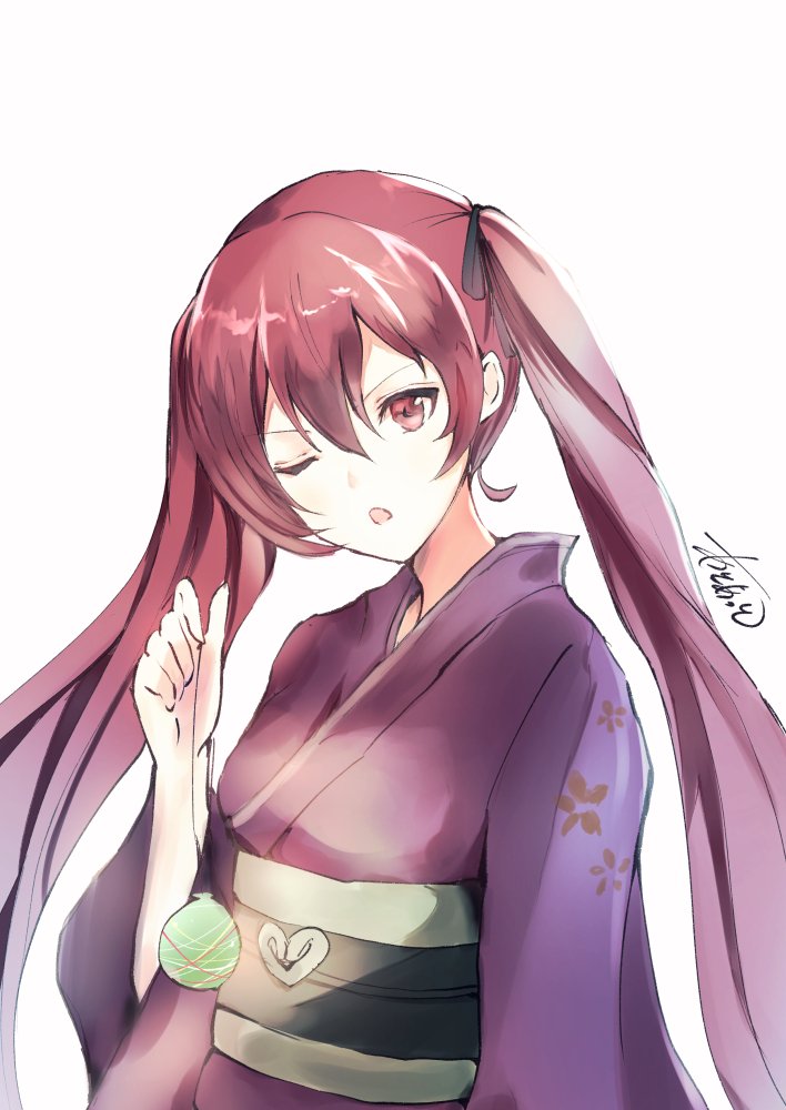 1girl atoatto fire_emblem fire_emblem_if holding japanese_clothes kimono looking_at_viewer luna_(fire_emblem_if) one_eye_closed red_eyes redhead selena_(fire_emblem) signature simple_background solo twintails water_balloon white_background yukata