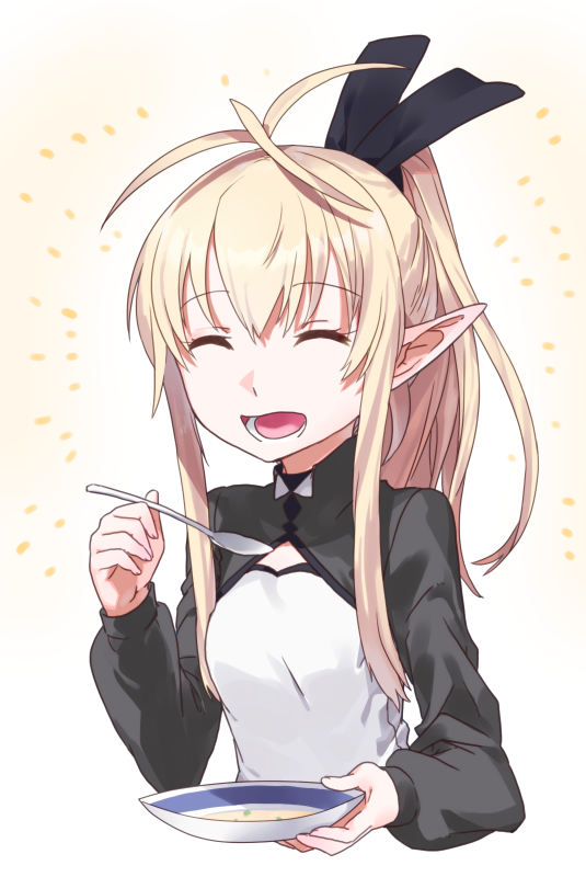 1girl antenna_hair black_ribbon blonde_hair bowl flat_chest food hair_ribbon holding holding_spoon kuze_(ira) long_hair original pointy_ears ribbon smile solo soup spoon