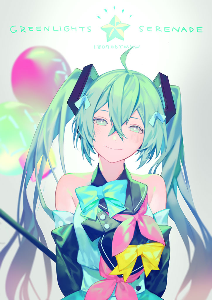 1girl ahoge arms_behind_back balloon blue_bow blue_ribbon bow detached_sleeves floating_hair green_hair hair_between_eyes hair_ornament hair_ribbon hatsune_miku head_tilt long_hair looking_at_viewer magical_mirai_(vocaloid) pink_bow ribbon sleeveless smile solo twintails upper_body very_long_hair vocaloid yamakawa yellow_bow