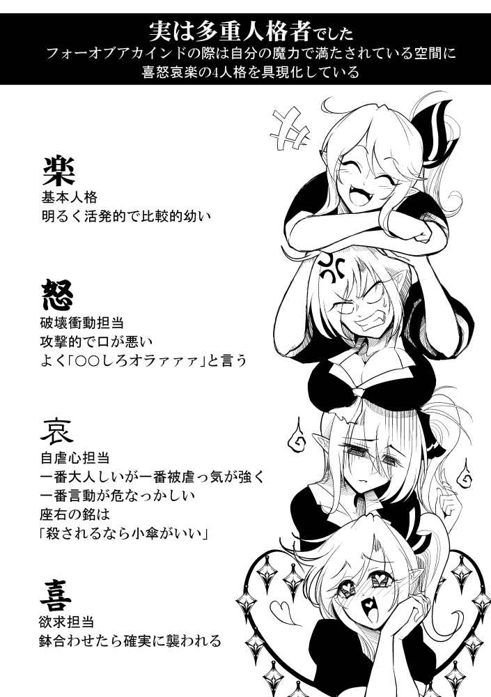 ahoge anger_vein bow breasts cleavage clenched_teeth comic crystal flandre_scarlet four_of_a_kind_(touhou) gloom_(expression) hair_bow heart heart-shaped_pupils large_breasts leaning_on_person monochrome multiple_girls open_mouth playing_with_own_hair ponytail side_ponytail smile symbol-shaped_pupils teeth touhou translation_request warugaki_(sk-ii) wings