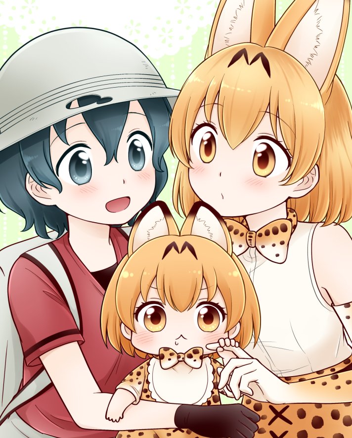 3girls :&lt; animal_ears backpack bag bib black_gloves blue_eyes blue_hair blush closed_mouth elbow_gloves eyebrows_visible_through_hair gloves helmet kaban_(kemono_friends) kemono_friends looking_at_another looking_at_viewer migu_(migmig) multiple_girls open_mouth orange_eyes orange_hair parted_lips pith_helmet red_shirt serval_(kemono_friends) serval_ears shirt short_hair smile white_gloves