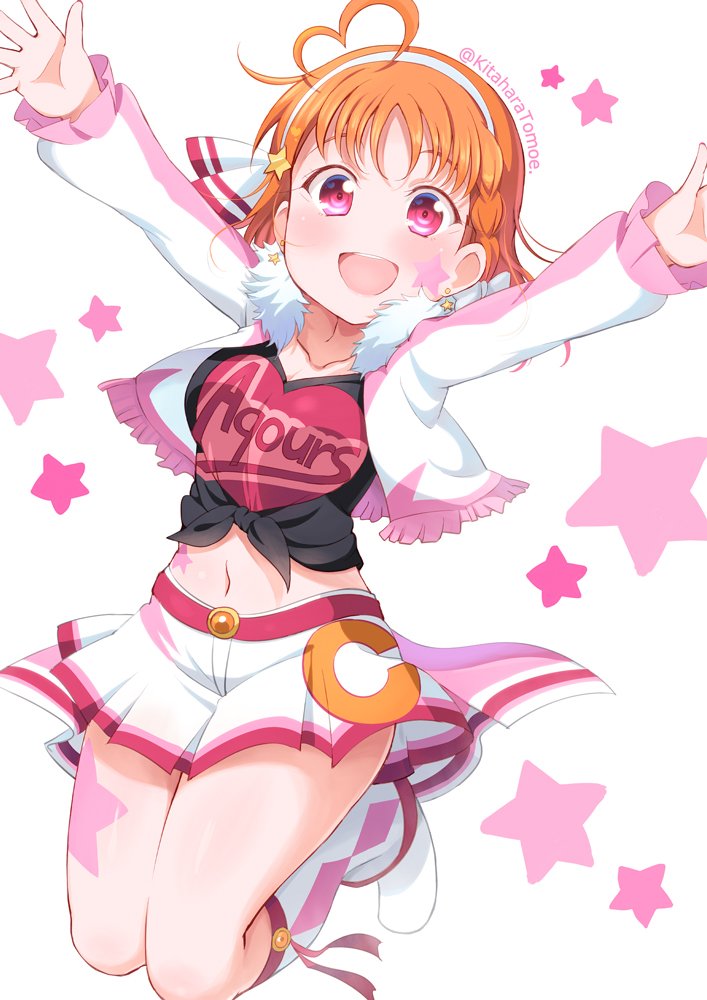 1girl :d ahoge arms_up braid clothes_writing collarbone cropped_jacket earrings facial_mark fur_trim hair_ornament hairband heart heart_ahoge jewelry jumping kitahara_tomoe_(kitahara_koubou) love_live! love_live!_sunshine!! midriff miracle_wave navel open_mouth orange_hair pleated_skirt red_eyes shirt short_hair side_braid skirt smile solo star star_earrings star_hair_ornament starry_background takami_chika tied_shirt twitter_username