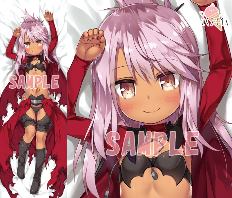 1girl arms_up bangs bed_sheet bikini_top black_bikini_top black_footwear black_panties blush boots breasts brown_eyes chloe_von_einzbern closed_mouth commentary_request dakimakura dark_skin eyebrows_visible_through_hair fate/kaleid_liner_prisma_illya fate_(series) hair_between_eyes knee_boots long_hair long_sleeves looking_at_viewer lying navel on_back panties pink_hair sample small_breasts smile solo stomach_tattoo tattoo underwear yukino_minato zoom_layer