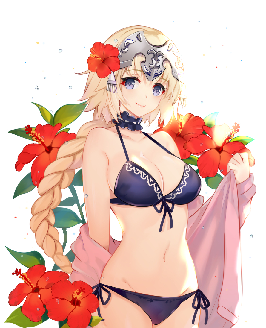 1girl bangs bare_arms bare_shoulders bikini black_bikini black_choker blonde_hair blue_eyes braid breasts choker cleavage closed_mouth collarbone cowboy_shot eyebrows_visible_through_hair fate/apocrypha fate_(series) flower frilled_choker frills front-tie_bikini front-tie_top groin hair_between_eyes hair_flower hair_ornament halter_top halterneck head_tilt headpiece hibiscus jeanne_d'arc_(fate) jeanne_d'arc_(fate)_(all) large_breasts long_hair long_sleeves looking_at_viewer navel off_shoulder pink_hoodie red_flower side-tie_bikini simple_background single_braid smile solo standing stomach sunlight swimsuit very_long_hair water_drop white_background zonana