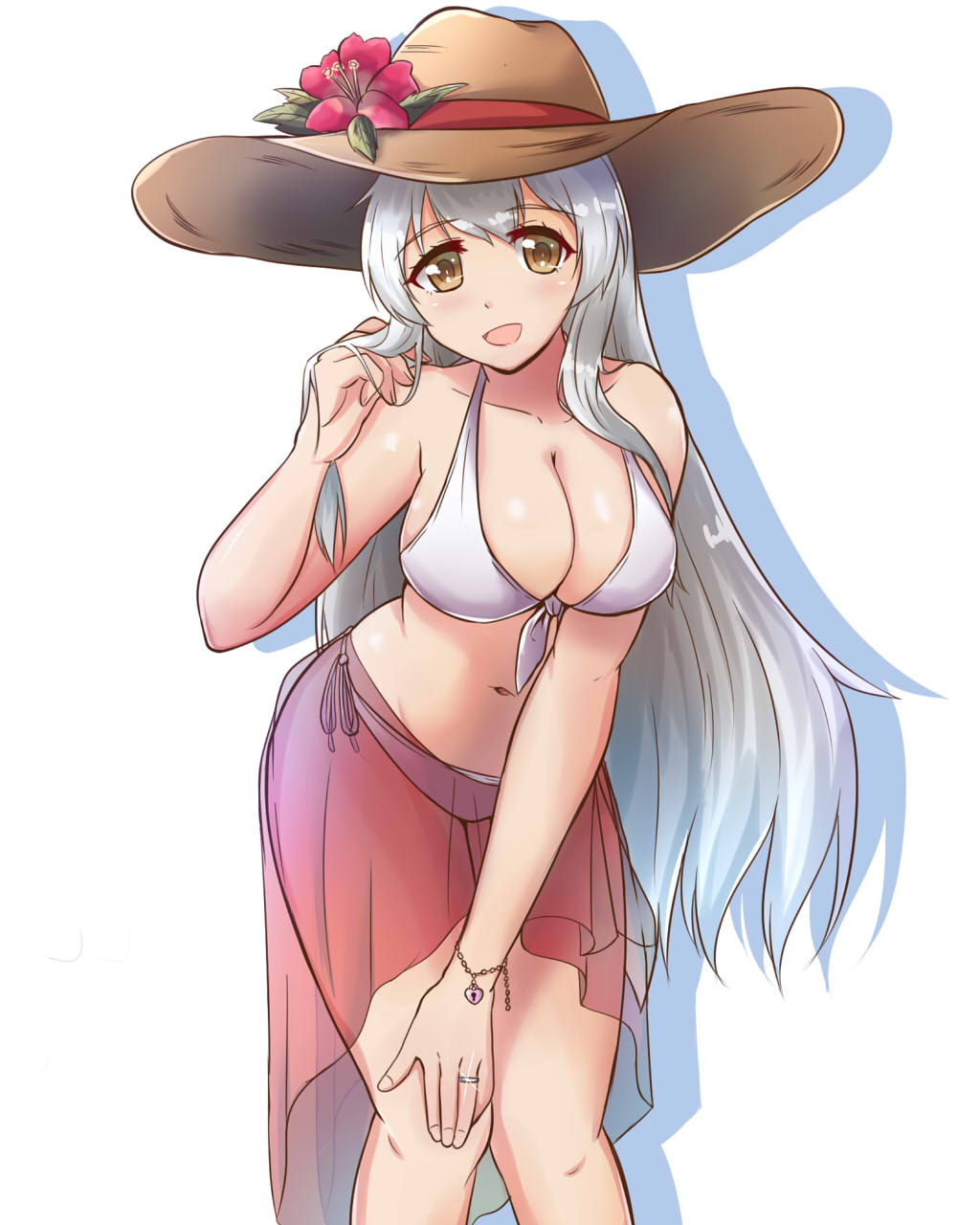 1girl bikini breasts brown_eyes cleavage feet_out_of_frame front-tie_top hand_on_own_knee hat highres jewelry kantai_collection large_breasts leaning_forward long_hair looking_at_viewer red_sarong ring see-through shoukaku_(kantai_collection) side-tie_bikini simple_background solo sun_hat swimsuit wedding_band white_background white_bikini white_hair yukimi_unagi