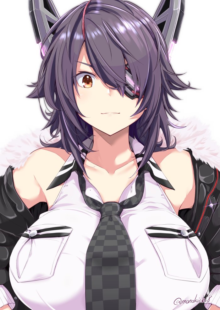 1girl breasts checkered checkered_neckwear collarbone eyepatch fur-trimmed_jacket fur_trim headgear jacket kantai_collection kichihachi large_breasts looking_at_viewer necktie off_shoulder orange_eyes pocket purple_hair shirt sleeveless sleeveless_shirt solo tenryuu_(kantai_collection) twitter_username upper_body white_background white_shirt