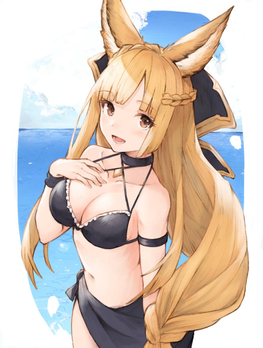 1girl :d animal_ears bangs bikini blonde_hair blue_sky braid breasts brown_eyes choker cleavage clouds collarbone commentary_request day erune eyebrows_visible_through_hair french_braid frilled_bikini frills granblue_fantasy hair_ornament hand_on_own_chest highres horizon jewelry koretsuki_azuma long_hair looking_at_viewer medium_breasts navel ocean open_mouth outdoors pendant sarong sky smile solo standing swimsuit teeth very_long_hair wristband yuisis_(granblue_fantasy)