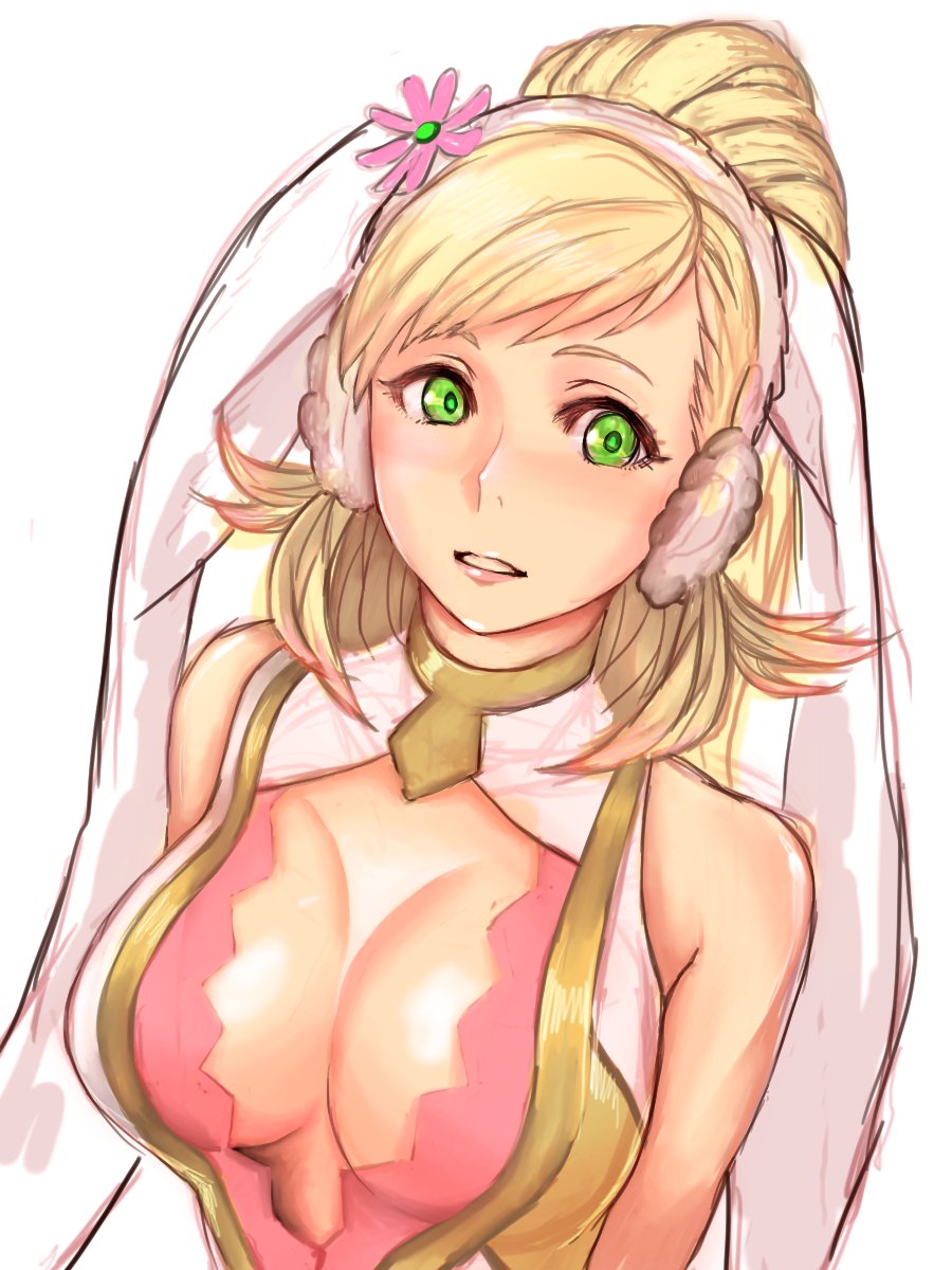 1girl animal_ears bare_shoulders blonde_hair breasts cleavage cleavage_cutout earmuffs fake_animal_ears fire_emblem fire_emblem_heroes flower green_eyes hair_flower hair_ornament highres long_hair medium_breasts parted_lips pocari66 ponytail rabbit_ears sharena simple_background solo white_background