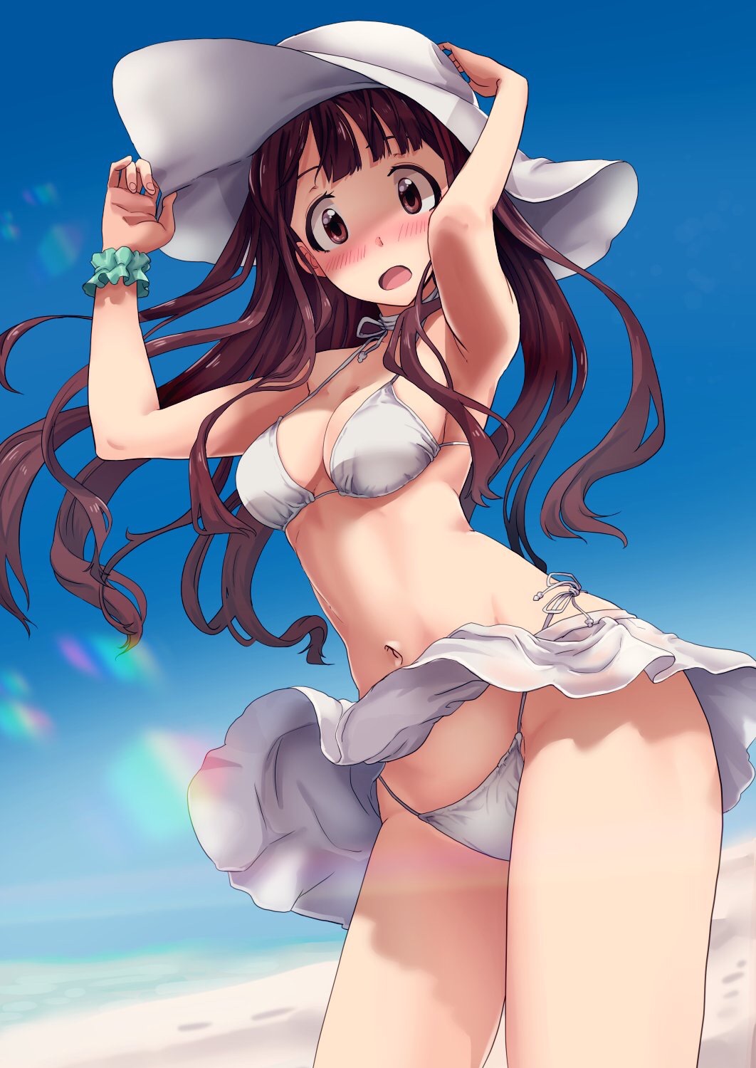 1girl bikini blue_sky breasts brown_eyes brown_hair cleavage clouds cowboy_shot hat highres idolmaster idolmaster_million_live! long_hair medium_breasts navel open_mouth run_p_(aveton) sarong scrunchie side-tie_bikini sky solo standing sun_hat swimsuit tanaka_kotoha white_bikini white_hat