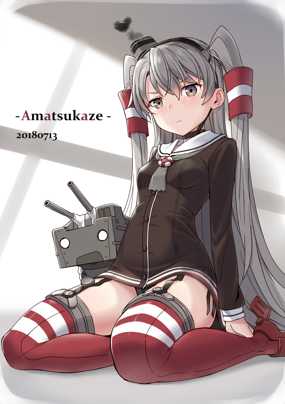 1girl amatsukaze_(kantai_collection) black_panties blush brown_dress brown_eyes cnm dress eyebrows_visible_through_hair full_body garter_straps gloves hair_between_eyes hair_tubes hat heart highres horizontal-striped_legwear kantai_collection long_hair looking_at_viewer mini_hat panties red_legwear rensouhou-kun sailor_dress short_dress silver_hair single_glove sitting smoke striped striped_legwear thigh-highs thighs tsundere two_side_up underwear windsock