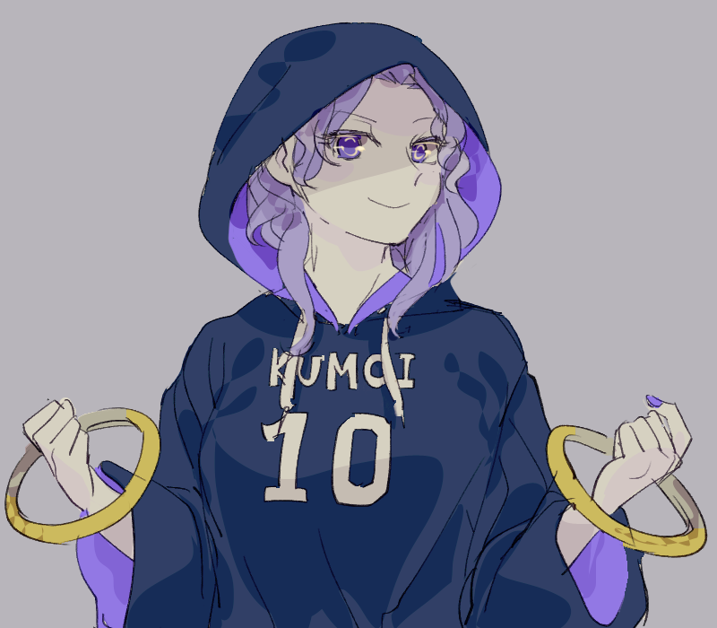 1girl alternate_costume chamaruku hood hoodie hoop jewelry kumoi_ichirin looking_at_viewer purple_hair ring short_hair simple_background sketch smile smug solo tagme touhou