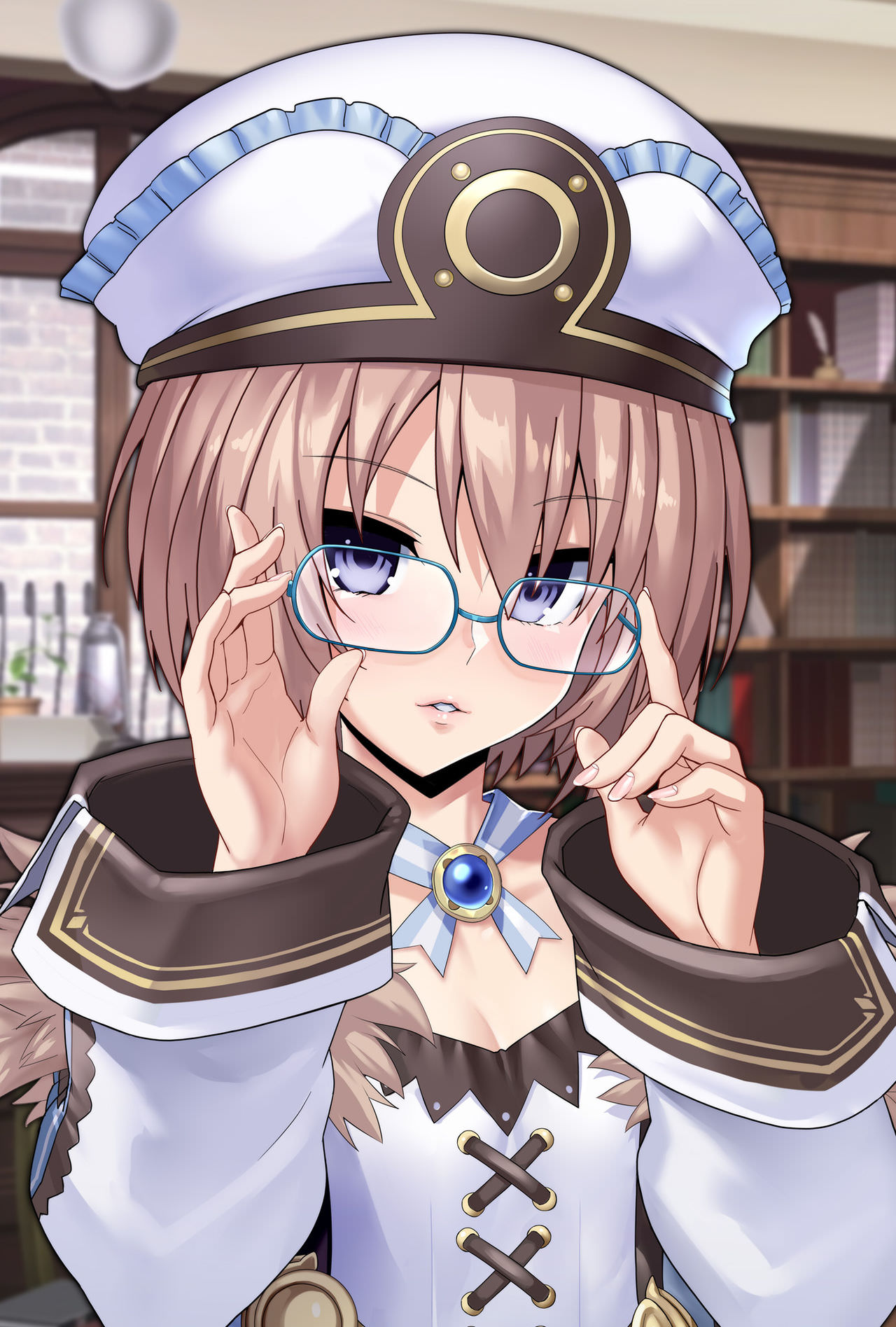 1girl blanc blue_eyes breasts brown_hair check_artist dress eyebrows_visible_through_hair fur_trim glasses hat highres looking_at_viewer neptune_(series) nyamota short_hair small_breasts solo spaghetti_strap upper_body wide_sleeves