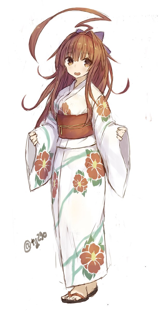 1girl ahoge bow brown_eyes brown_hair floral_print full_body goekawa green_bow hair_bow highres huge_ahoge japanese_clothes kantai_collection kimono kuma_(kantai_collection) long_hair looking_at_viewer obi open_mouth red_obi sash simple_background solo twitter_username white_background white_kimono yukata