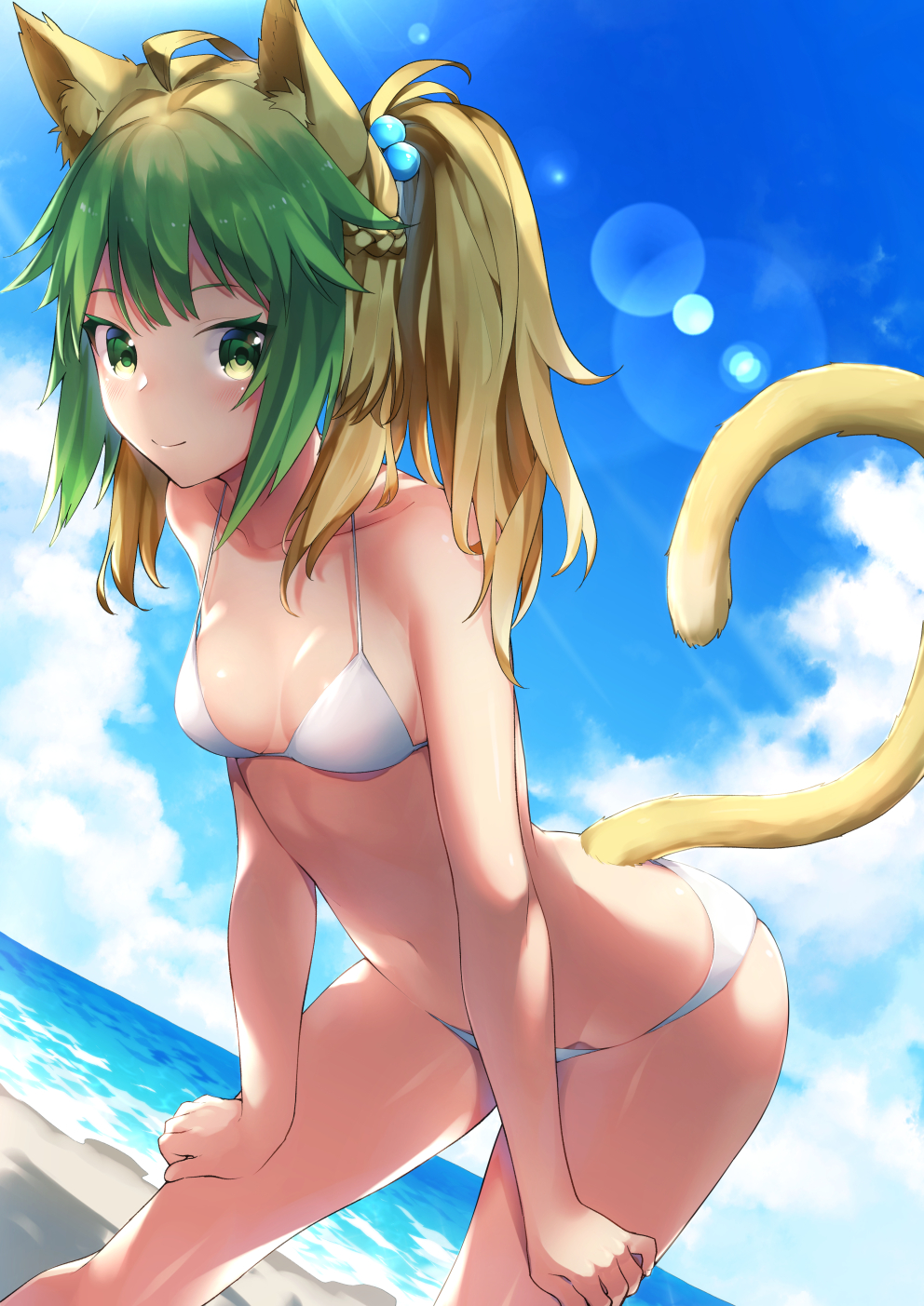 1girl animal_ears atalanta_(fate) bent_over bikini blonde_hair blue_sky braid breasts cat_ears cat_tail day dutch_angle fate/apocrypha fate_(series) green_eyes green_hair hair_bobbles hair_ornament hands_on_own_thighs highres lens_flare long_hair looking_at_viewer multicolored_hair navel one_side_up outdoors shiny shiny_skin side_braid sky small_breasts smile solo strap_gap swimsuit tail tanaka_arumi two-tone_hair white_bikini