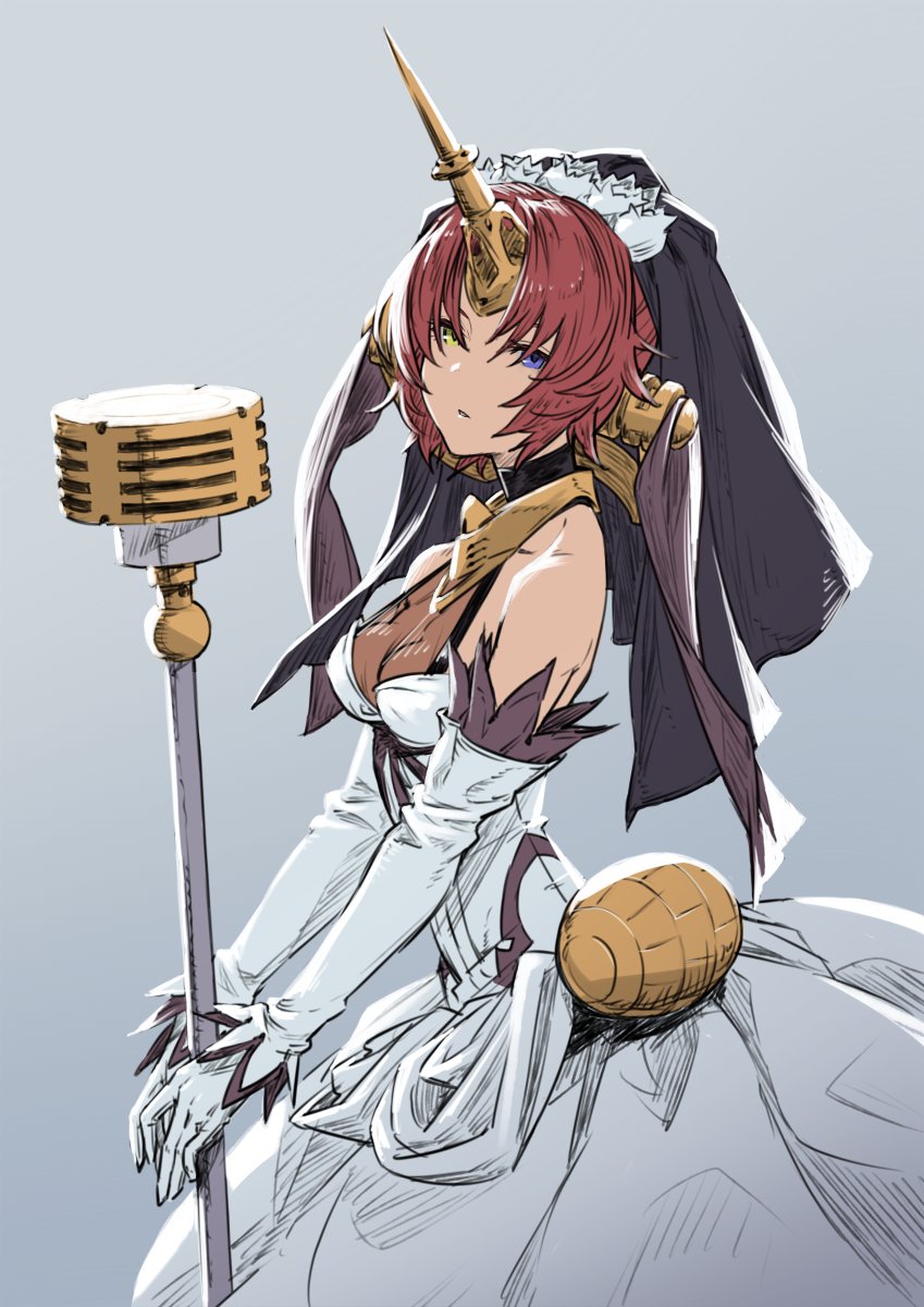 1girl blue_eyes breasts bridal_veil cleavage dress elbow_gloves fate/grand_order fate_(series) frankenstein's_monster_(fate) gloves hair_between_eyes heterochromia highres holding holding_weapon horn long_dress looking_at_viewer robo8 short_hair sleeveless sleeveless_dress solo veil weapon wedding_dress yellow_eyes