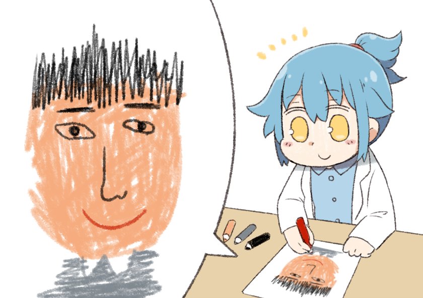 &lt;o&gt;_&lt;o&gt; 1girl bangs blue_hair blue_shirt blush_stickers child_drawing collared_shirt commentary_request crayon drawing eyebrows_visible_through_hair hair_flaps hair_tie labcoat long_sleeves paper personification ponytail shirt sidelocks smile solo table tsukigi twitter twitter-san twitter-san_(character) yellow_eyes