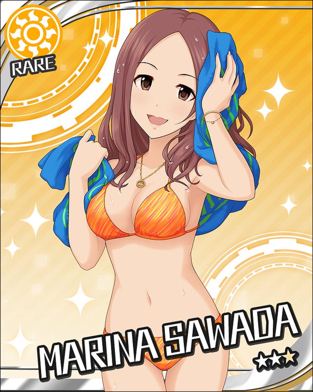 bikini blush brown_eyes brown_hair character_name idolmaster idolmaster_cinderella_girls sawada_marina short_hair smile stars towel