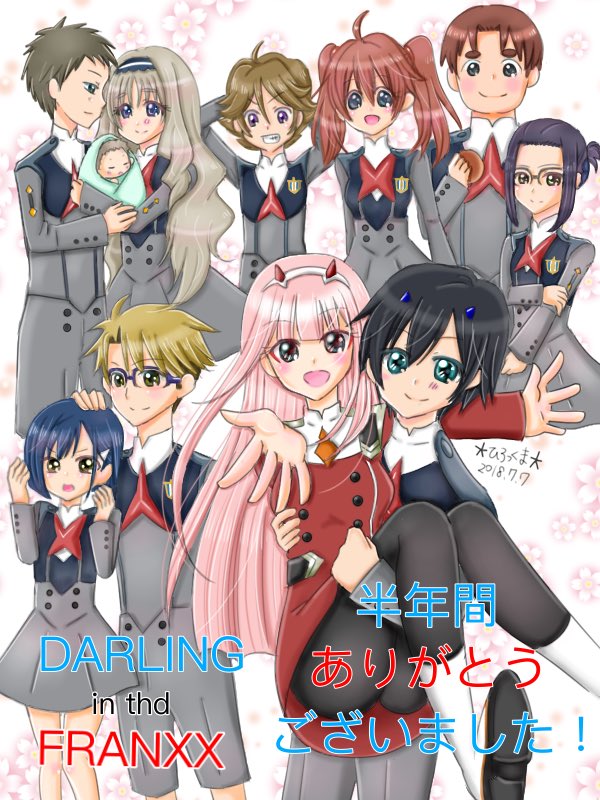 5boys 6+girls ahoge ai_(darling_in_the_franxx) baby bangs black_hair black_legwear blonde_hair blue_eyes blue_horns blush boots brown_eyes brown_footwear brown_hair carrying commentary_request couple darling_in_the_franxx dated eyebrows_visible_through_hair floral_background flower food futoshi_(darling_in_the_franxx) glasses gorou_(darling_in_the_franxx) green_eyes hair_ornament hairband hairclip hamburger hand_on_own_arm high_ponytail hiro_(darling_in_the_franxx) holding holding_food horns ichigo_(darling_in_the_franxx) ikuno_(darling_in_the_franxx) kokoro_(darling_in_the_franxx) light_brown_hair long_hair long_sleeves looking_at_another looking_at_viewer miku_(darling_in_the_franxx) military military_uniform mitsuru_(darling_in_the_franxx) multiple_boys multiple_girls necktie oni_horns open_clothes orange_neckwear pantyhose pink_hair ponytail princess_carry purple_hair purple_hairband red_horns red_neckwear redhead rirakkumahiroko shoes short_hair socks thick_eyebrows translated twintails uniform violet_eyes white_footwear white_hairband white_hairclip yellow_eyes zero_two_(darling_in_the_franxx) zorome_(darling_in_the_franxx)