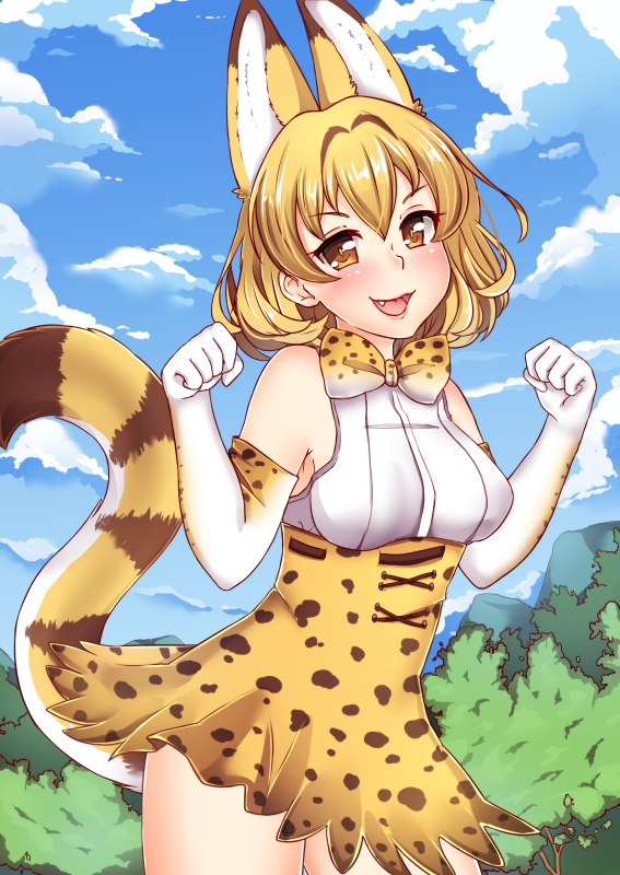 &gt;:d 1girl animal_ears bangs bare_shoulders blonde_hair blue_sky bow bowtie brown_eyes day elbow_gloves extra_ears fang gloves hands_up high-waist_skirt kemono_friends lamb_(tibberz) looking_at_viewer miniskirt open_mouth outdoors paw_pose print_gloves print_neckwear print_skirt serval_(kemono_friends) serval_ears serval_print serval_tail shirt skirt sky sleeveless sleeveless_shirt smile solo standing striped_tail tail upper_body v-shaped_eyebrows