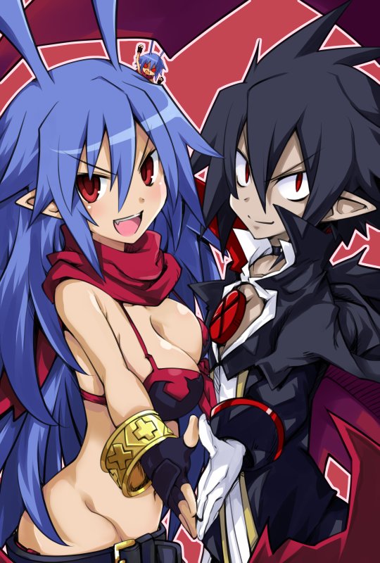 1girl 2boys belt bikini_top blue_hair breasts cleavage disgaea disgaea_d2 genderswap genderswap_(mtf) iwasi-r laharl laharl-chan large_breasts long_hair looking_at_viewer makai_senki_disgaea_4 multiple_boys open_mouth pointy_ears purple_hair red_eyes red_scarf scarf slit_pupils smile twintails valvatorez_(disgaea) white_background