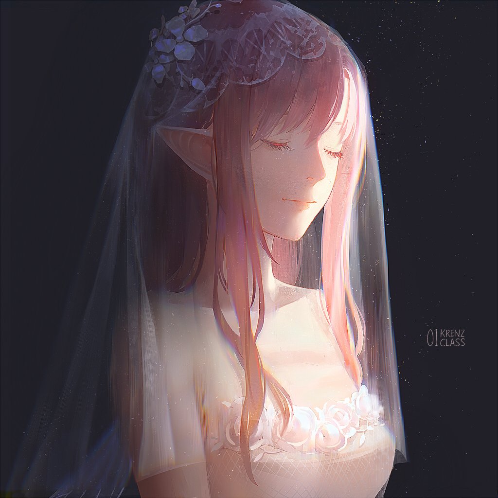 1girl bangs breasts bridal_veil bride closed_eyes dust echosdoodle elf fishnet_top flower hair_flower hair_ornament light_smile lips long_hair medium_breasts nose pink_hair pointy_ears portrait sidelocks simple_background solo upper_body veil