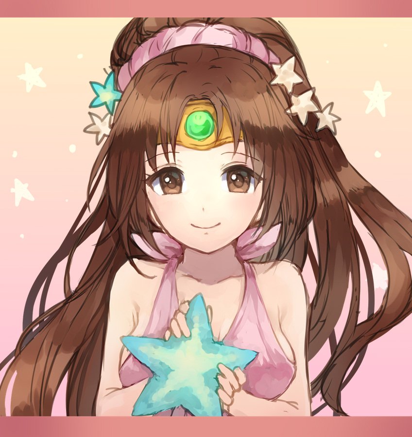 1girl bare_shoulders brown_eyes brown_hair circlet fire_emblem fire_emblem:_mystery_of_the_emblem fire_emblem_heroes hair_ornament holding jurge linda_(fire_emblem) long_hair pink_swimsuit ponytail smile solo starfish swimsuit