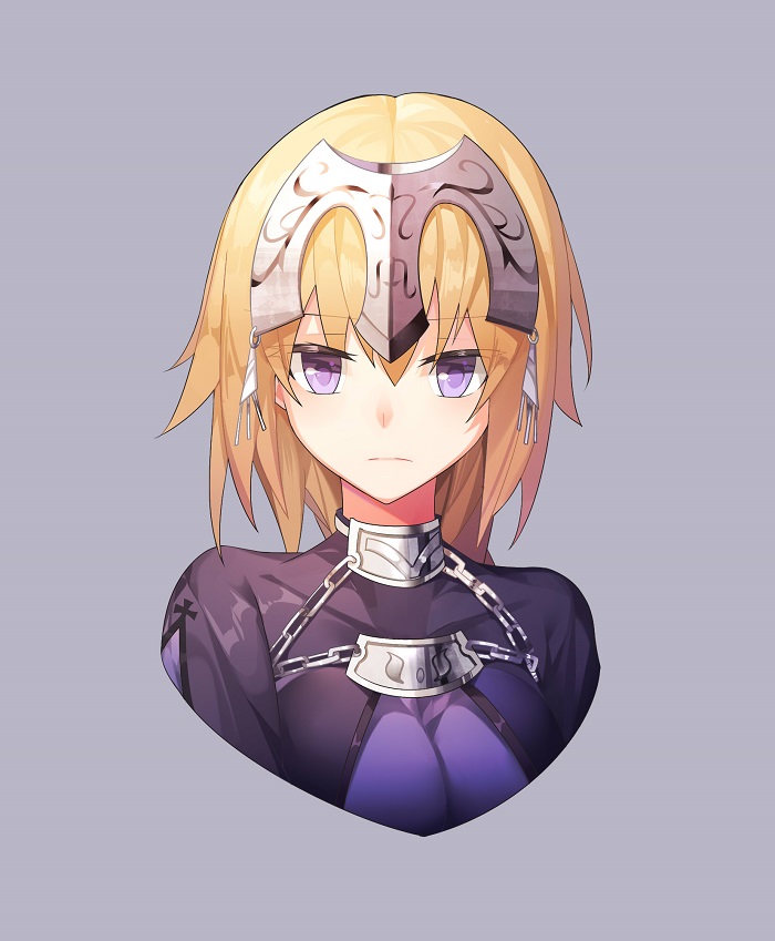 1girl 931466095 armor blonde_hair capelet chains close-up closed_mouth commentary_request face fate/apocrypha fate_(series) headpiece jeanne_d'arc_(fate) jeanne_d'arc_(fate)_(all) long_hair looking_at_viewer portrait simple_background solo violet_eyes