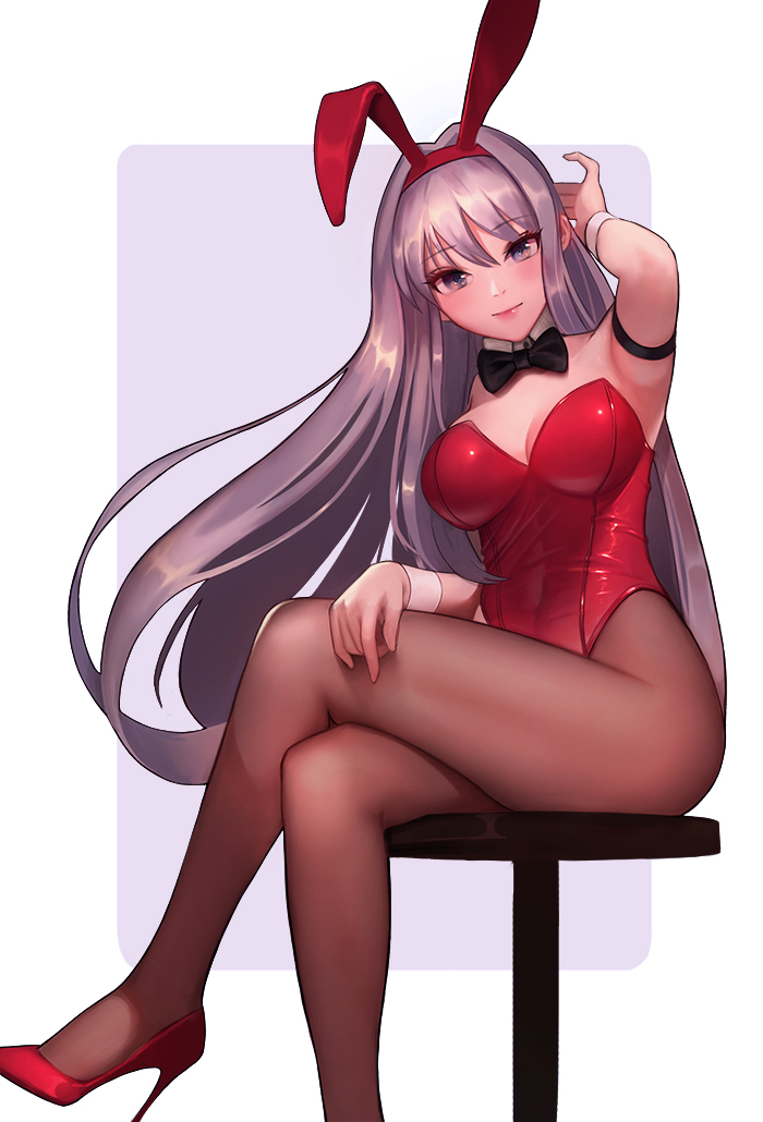 1girl animal_ears armpits black_neckwear bow bowtie breasts brown_legwear bunny_tail bunnysuit cleavage detached_collar green_eyes high_heels large_breasts legs_crossed leotard long_hair pantyhose rabbit_ears red_footwear red_leotard rix2118 sdorica_-sunset- shirley_(sdorica_-sunset-) silver_hair sitting solo stool strapless strapless_leotard tail wrist_cuffs