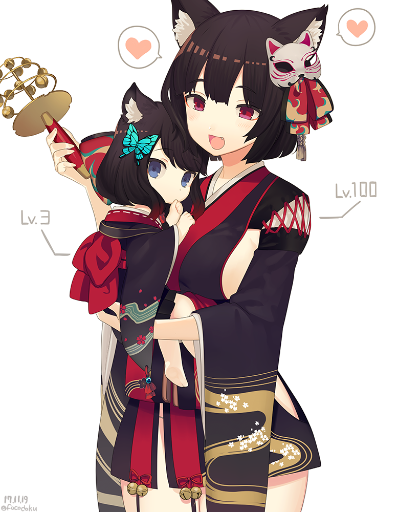2girls :d animal_ears azur_lane black_hair black_kimono blue_eyes blush breasts butterfly_hair_ornament carrying cat_ears cat_mask child fang fucodoku fusou_(azur_lane) hair_ornament heart japanese_clothes kimono long_sleeves looking_at_another looking_at_viewer mask mask_on_head multiple_girls open_mouth red_eyes short_hair simple_background smile spoken_heart standing twitter_username white_background wide_sleeves yamashiro_(azur_lane) younger