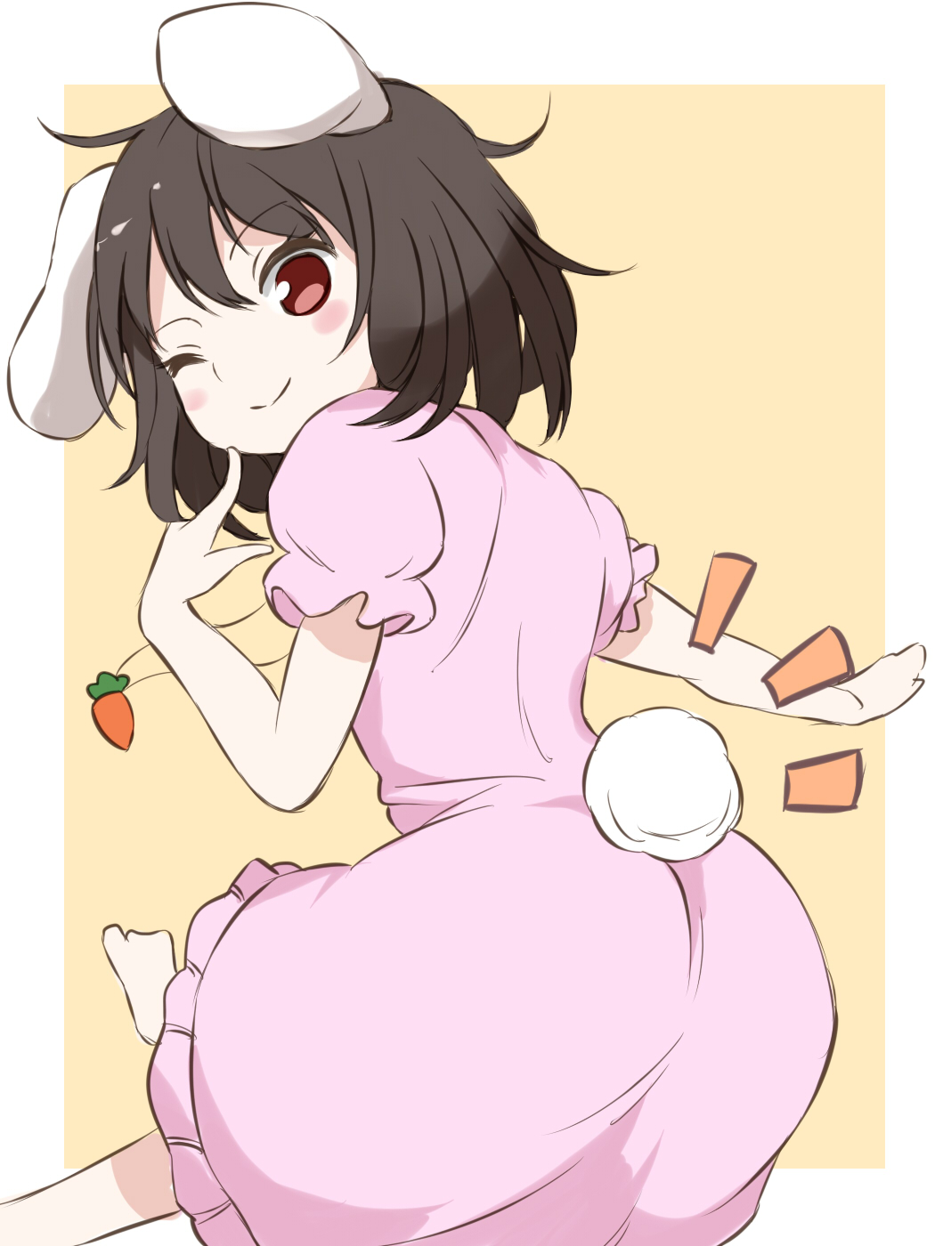 1girl ;) animal_ears ass barefoot blush_stickers border brown_hair carrot_necklace commentary_request dress eyebrows_visible_through_hair feet_out_of_frame finger_to_face from_behind hair_between_eyes highres inaba_tewi index_finger_raised looking_at_viewer looking_back one_eye_closed pink_dress puffy_short_sleeves puffy_sleeves rabbit_ears red_eyes short_hair short_sleeves simple_background smile solo techi_(techi35499) touhou white_border yellow_background