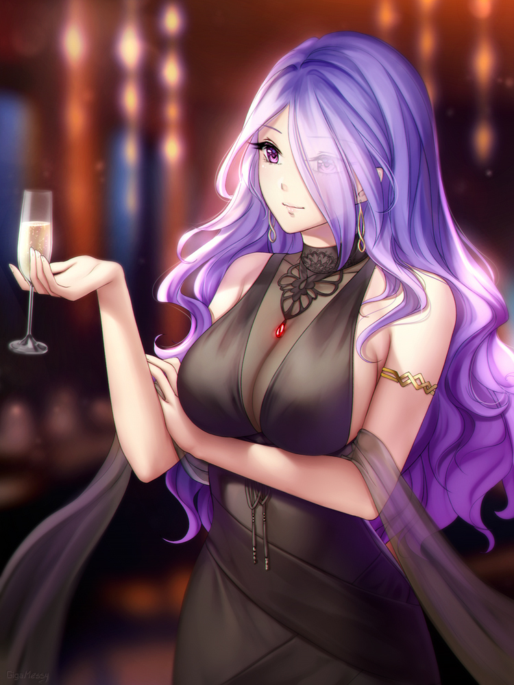 1girl alcohol bare_shoulders black_dress blue_hair breasts camilla_(fire_emblem_if) champagne champagne_flute cleavage collarbone crossed_arms crossover cup dress drinking_glass dsr-50_(girls_frontline) dsr-50_(girls_frontline)_(cosplay) earrings fire_emblem fire_emblem_heroes fire_emblem_if formal gigamessy girls_frontline hair_over_one_eye jewelry large_breasts long_hair purple_hair see-through sideboob solo upper_body violet_eyes wavy_hair wine wine_glass