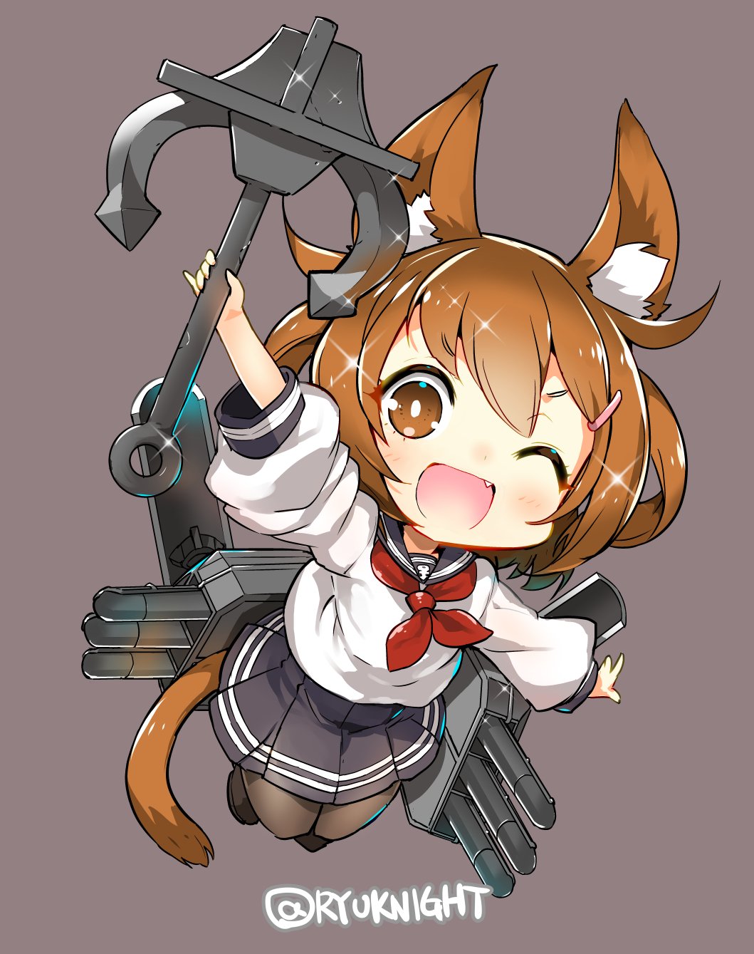 1girl anchor animal_ears black_legwear brown_eyes brown_hair cat_ears cat_tail chibi commentary_request folded_ponytail hair_ornament hairclip highres holding_anchor ikazuchi_(kantai_collection) kantai_collection naitou_ryuu open_mouth pleated_skirt rigging school_uniform serafuku short_hair signature skirt solo tail thigh-highs torpedo torpedo_tubes