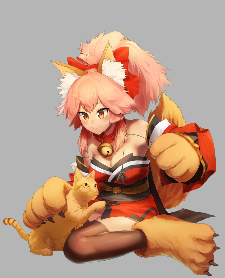 1girl animal animal_ears bell bell_collar black_legwear blush_stickers breasts cat cat_paws cleavage collar fang fate/grand_order fate_(series) fox_ears fox_tail gloves grey_background hair_ribbon jdw jingle_bell large_breasts long_hair open_mouth paw_gloves paw_shoes paws pink_hair ponytail red_ribbon ribbon shoes simple_background solo tail tamamo_(fate)_(all) tamamo_cat_(fate)