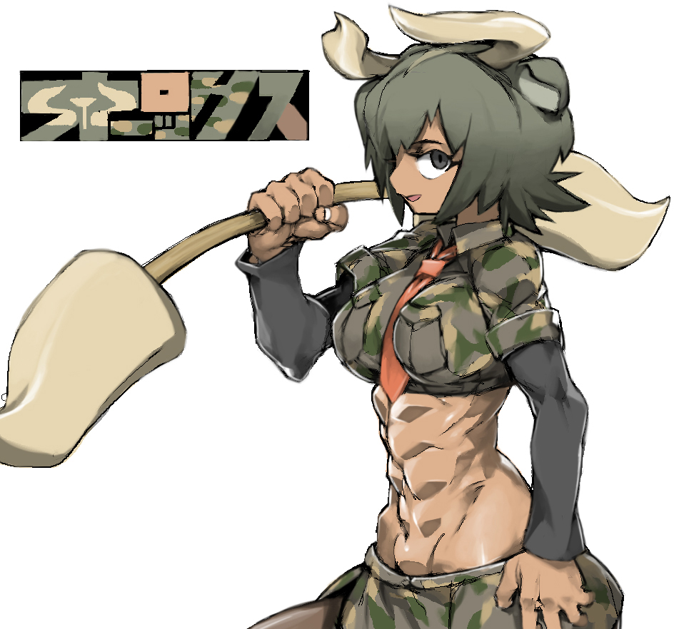 1girl abs animal_ears arm_at_side aurochs_(kemono_friends) bangs between_breasts black_eyes breast_pocket breasts brown_legwear camouflage camouflage_shirt camouflage_skirt character_name collared_shirt crop_top cropped_shirt dark_skin from_side green_hair groin hand_up holding holding_weapon horns impossible_clothes impossible_shirt kemono_friends long_sleeves looking_at_another looking_at_viewer lowleg_skirt midriff navel necktie necktie_between_breasts open_mouth oryx_ears pantyhose pocket red_neckwear shirt short_hair short_over_long_sleeves short_sleeves side_slit simple_background skirt smile solo stomach toned upper_body weapon white_background wing_collar ysk!