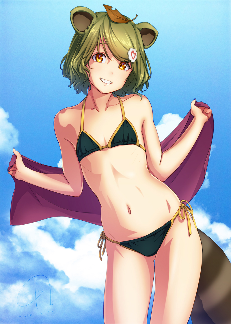 1girl 4690_(tkpbsk) animal_ears bikini blue_sky clouds cowboy_shot flat_chest food fuuri_(waguruma!) green_bikini groin kamaboko leaf leaf_on_head looking_at_viewer narutomaki navel outstretched_arms purple_towel raccoon_ears raccoon_tail side-tie_bikini sky solo swimsuit tail towel waguruma!