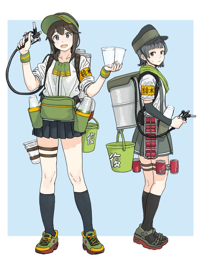 2girls :d arare_(kantai_collection) arm_warmers armband blue_background brown_hair bucket can commentary_request full_body green_eyes grey_hair gufu_(guffuumu) hat hayasui_(kantai_collection) kantai_collection looking_at_viewer multiple_girls open_mouth pleated_skirt repair_bucket shoes short_hair skirt smile sneakers soda_can standing two-tone_background visor_cap white_background wristband