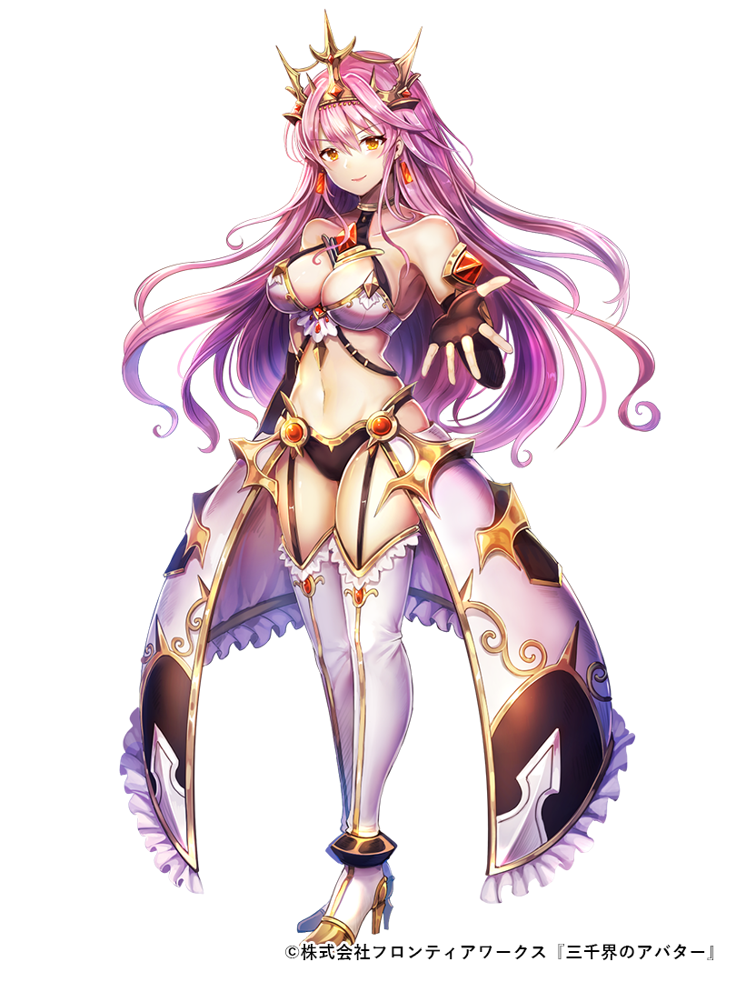 1girl arm_at_side bare_shoulders boots breasts brown_eyes brown_gloves collarbone earrings fingerless_gloves full_body garter_straps gloves groin high_heel_boots high_heels jewelry knee_boots long_hair medium_breasts midriff navel official_art outstretched_hand purple_hair rudia sanzenkai_no_avatar skirt smile solo standing thigh-highs tiara very_long_hair white_legwear white_skirt
