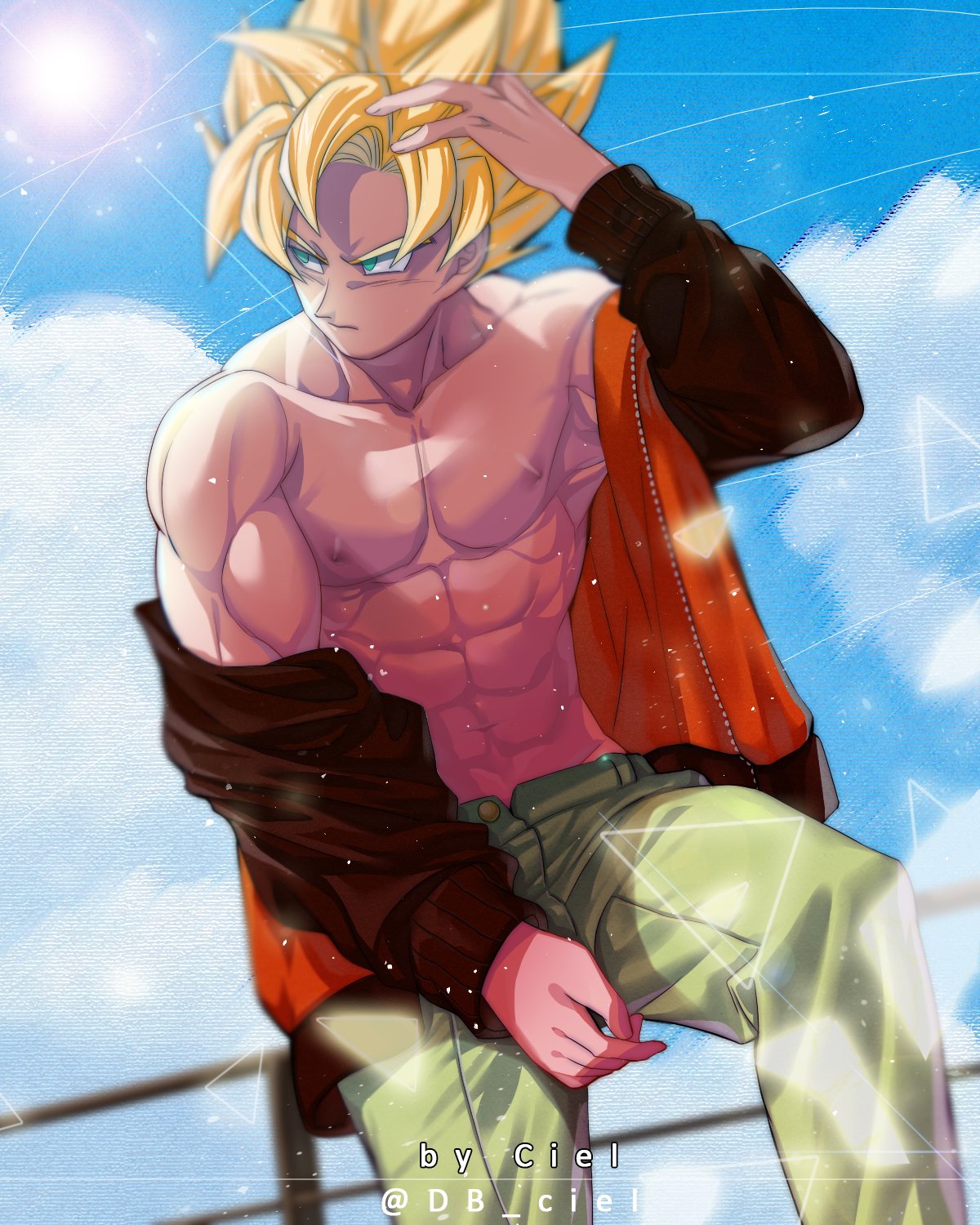 1boy abs bare_arms bare_shoulders blonde_hair blurry chest clouds cloudy_sky commentary_request cowboy_shot day depth_of_field dragon_ball dragonball_z expressionless green_eyes green_pants hand_in_hair highres jacket looking_away male_focus nipples outdoors pants railing serious shaded_face shirtless short_hair sitting_on_railing sky son_gokuu spiky_hair sun super_saiyan tarutobi twitter_username two-tone_jacket upper_body