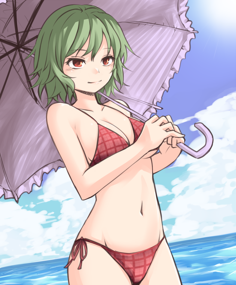 1girl bare_shoulders bikini blue_sky breasts clouds collarbone commentary_request cowboy_shot day dutch_angle eyebrows_visible_through_hair frilled_umbrella green_hair groin hair_between_eyes holding holding_umbrella kazami_yuuka lips medium_breasts miyo_(ranthath) navel outdoors pink_lips plaid plaid_bikini purple_umbrella red_bikini red_eyes short_hair side-tie_bikini sky solo standing stomach sun swimsuit touhou umbrella water