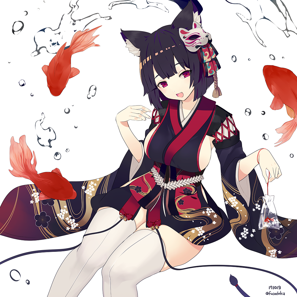 1girl :d animal_ears azur_lane black_hair black_kimono bob_cut breasts cat_ears cat_mask commentary_request fang fish fucodoku japanese_clothes kimono large_breasts looking_at_viewer mask mask_on_head open_mouth red_eyes short_hair sideboob simple_background sitting smile solo thigh-highs twitter_username white_background white_legwear wide_sleeves yamashiro_(azur_lane)
