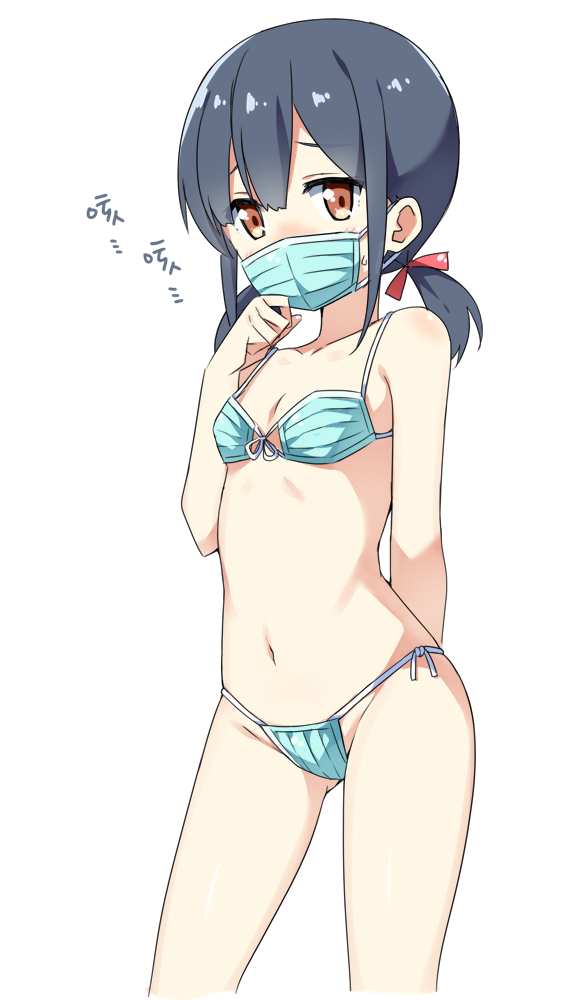1girl bangs bare_arms bare_shoulders bikini black_hair blue_bikini blush breasts brown_eyes chinese chinese_commentary collarbone commentary_request covered_mouth eyebrows_visible_through_hair front-tie_bikini front-tie_top groin hair_between_eyes hair_ribbon hand_up hatsunatsu long_hair looking_at_viewer low_twintails navel original red_ribbon ribbon side-tie_bikini simple_background small_breasts solo surgical_mask swimsuit translation_request twintails white_background