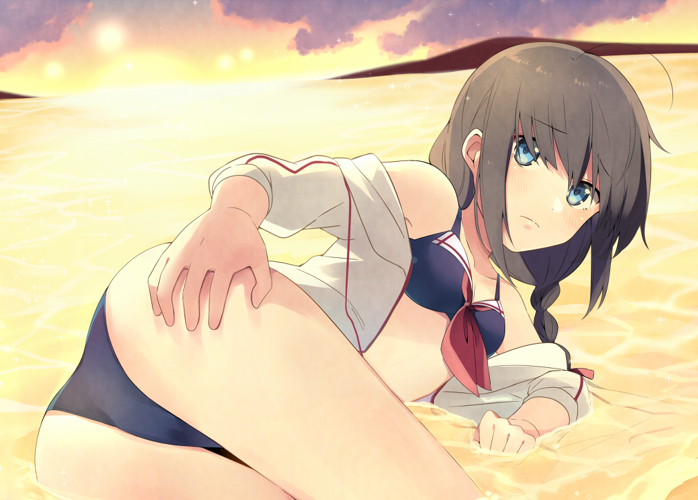 1girl adapted_costume ahoge beach bikini black_bikini black_hair blue_eyes braid cowboy_shot hair_over_shoulder jacket kantai_collection looking_at_viewer lying on_side open_clothes open_jacket orange_sky partially_submerged shigure_(kantai_collection) single_braid sky solo sunset swimsuit water white_jacket yukichi_(eikichi)