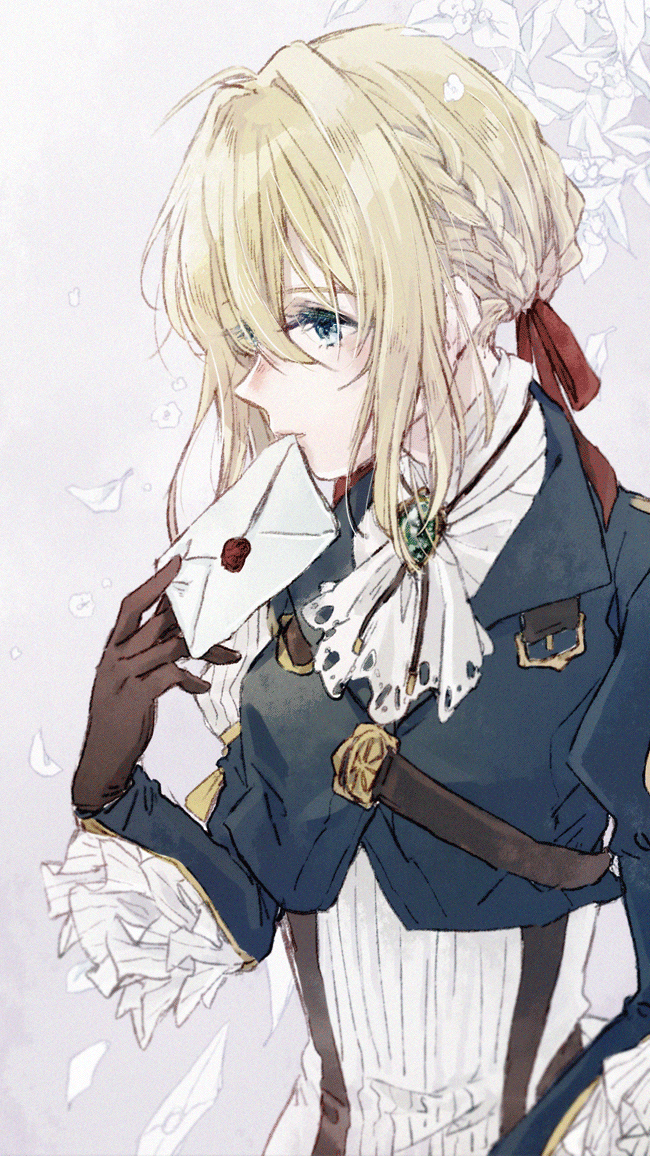 blonde_hair blue_eyes blue_jacket braid brooch envelope gloves hair_between_eyes hair_ribbon jacket jewelry miharuko_(kopera) red_ribbon ribbon violet_evergarden violet_evergarden_(character) white_neckwear