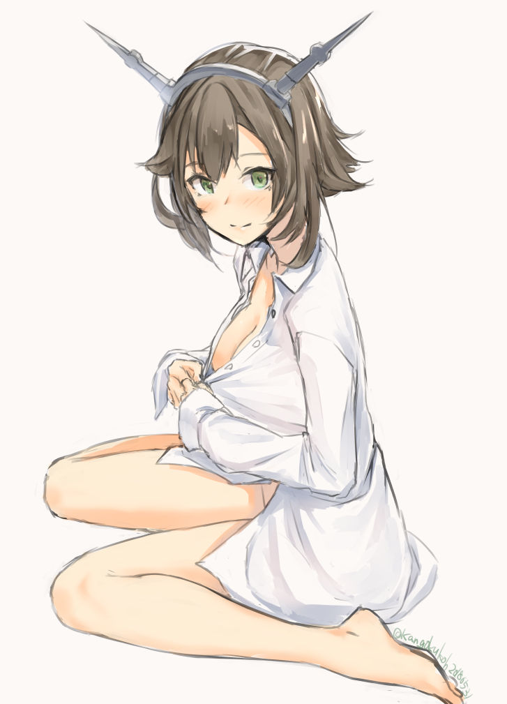 1girl barefoot breasts brown_hair cleavage dated dress_shirt full_body green_eyes hairband headgear kangoku_kou kantai_collection looking_at_viewer medium_breasts mutsu_(kantai_collection) shirt short_hair simple_background sitting solo twitter_username wariza white_background white_shirt