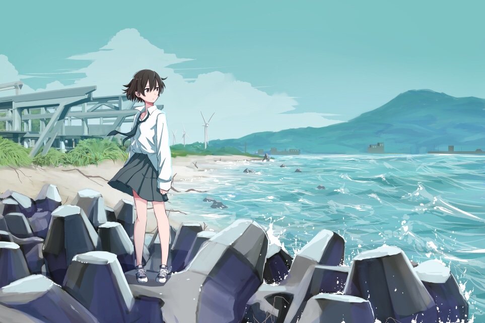 1girl black_neckwear brown_eyes brown_hair collarbone collared_shirt day grey_skirt long_sleeves looking_away mountainous_horizon necktie ocean original outdoors sakeharasu scenery shirt shoes short_hair skirt sky sneakers solo standing wind_turbine windmill